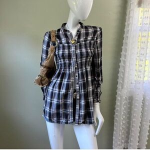 XCVI Black & White Plaid Smocked‎ Button-Up Long Sleeve Tunic – Size S
